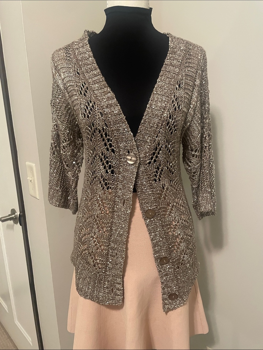 Daytrip Metallic Taupe Open-Knit Button Front Cardigan
